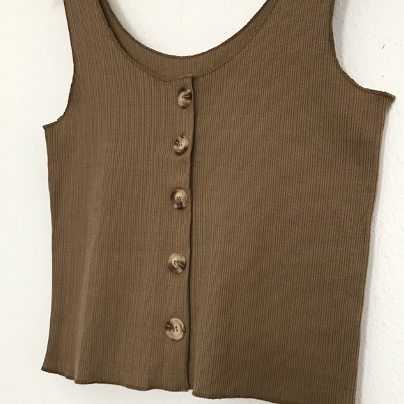 90s Vintage Brown Scoop Neck Ribbed Tank w/buttons - Picture 3 of 6